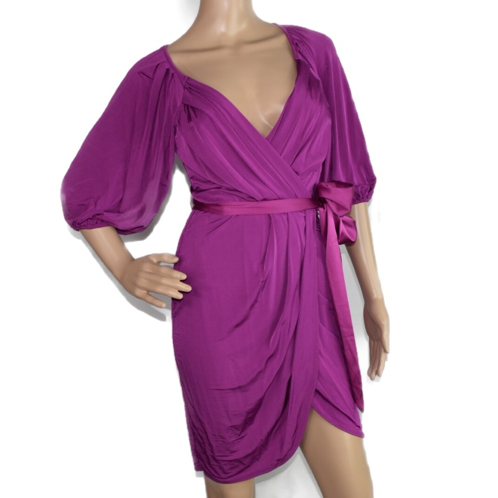 Bebe fuchsia wrap dress with satin waist ribbon
